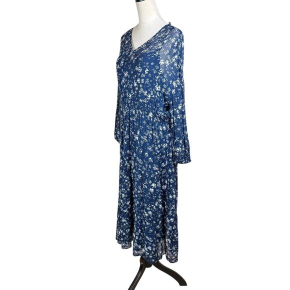 Free People Navy White Floral Long Sleeve Back Tie Blouson Bohemian Midi Dress - Picture 5 of 16